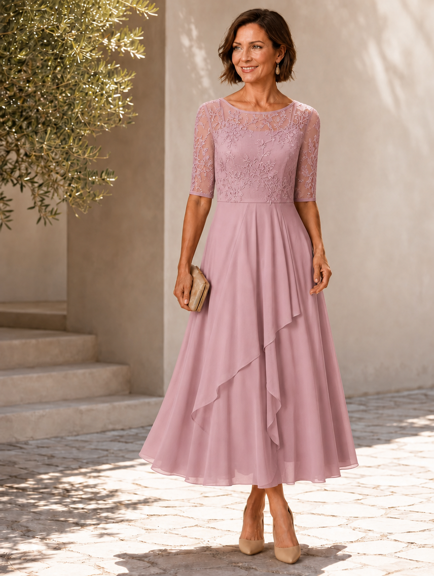 Germaine Lace and Chiffon Tea-Length Dress