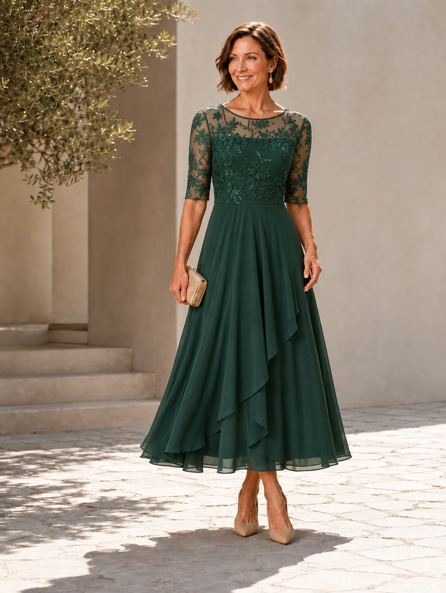 Germaine Lace and Chiffon Tea-Length Dress