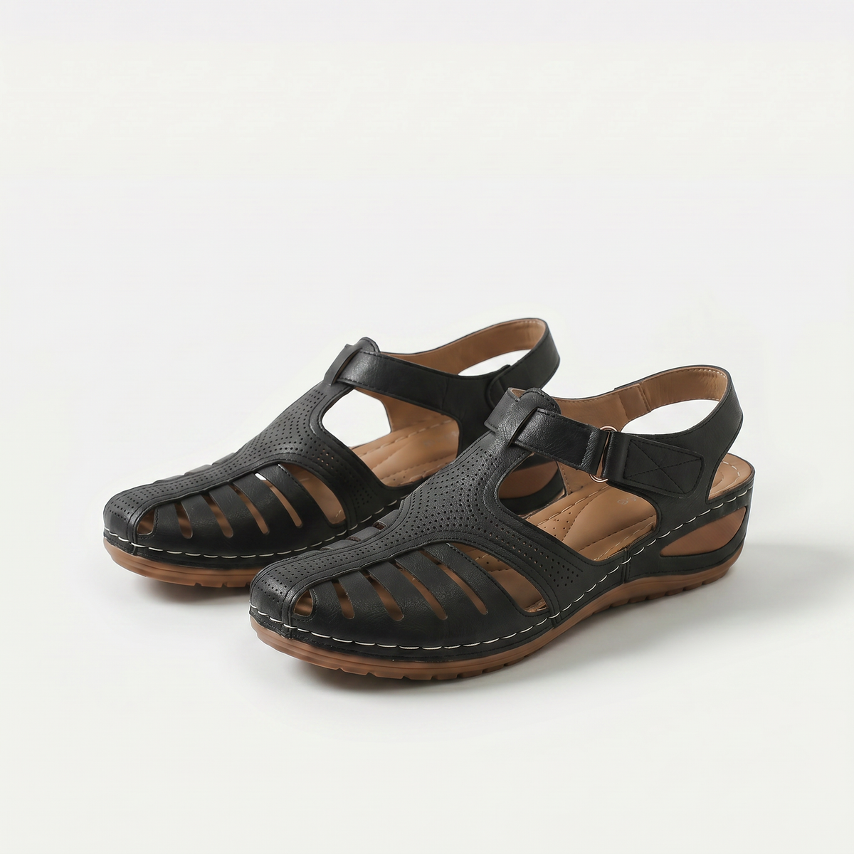 Sharon – Black Orthopaedic Closed-Toe Cut-Out Wedge Sandals
