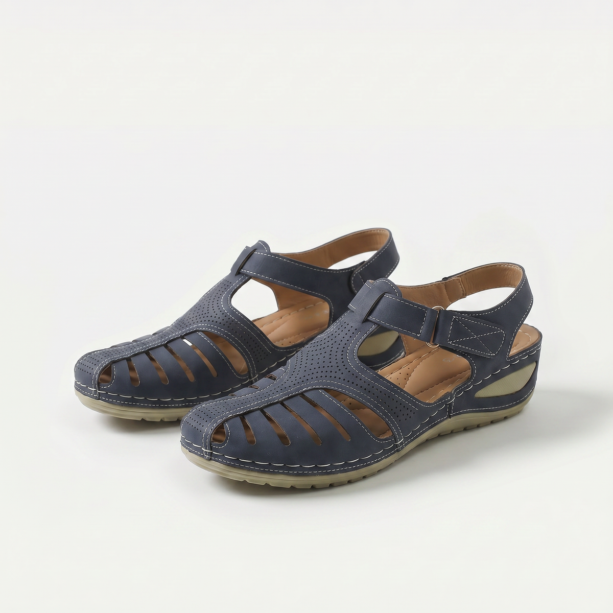Sharon – Navy Blue Orthopaedic Closed-Toe Cut-Out Wedge Sandals