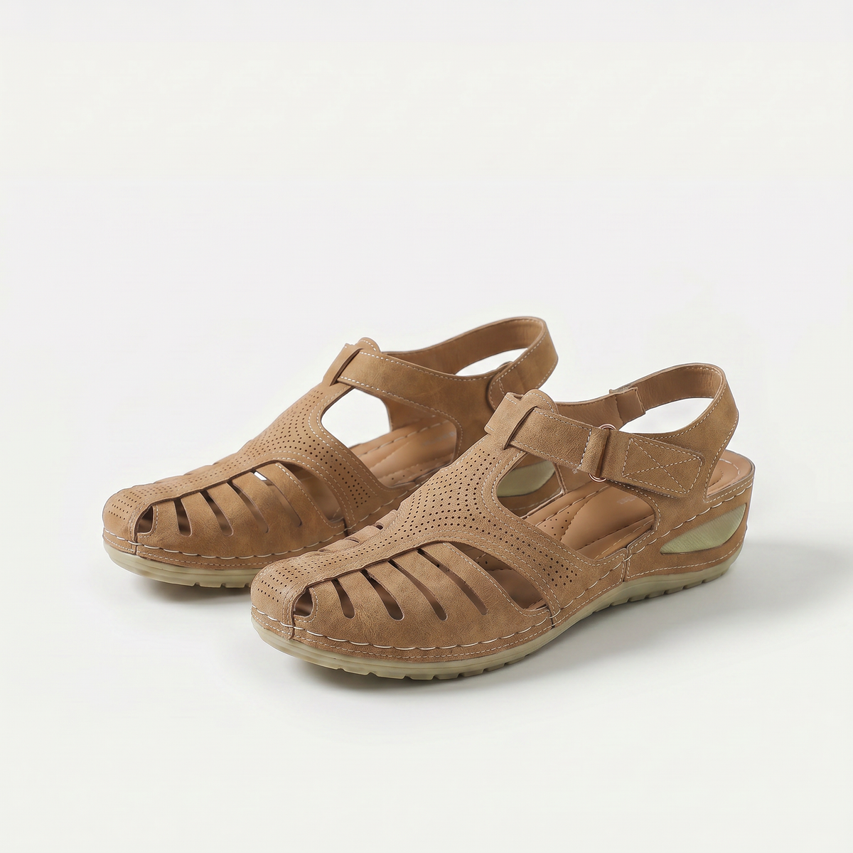 Sharon – Tan Orthopaedic Closed-Toe Cut-Out Wedge Sandals