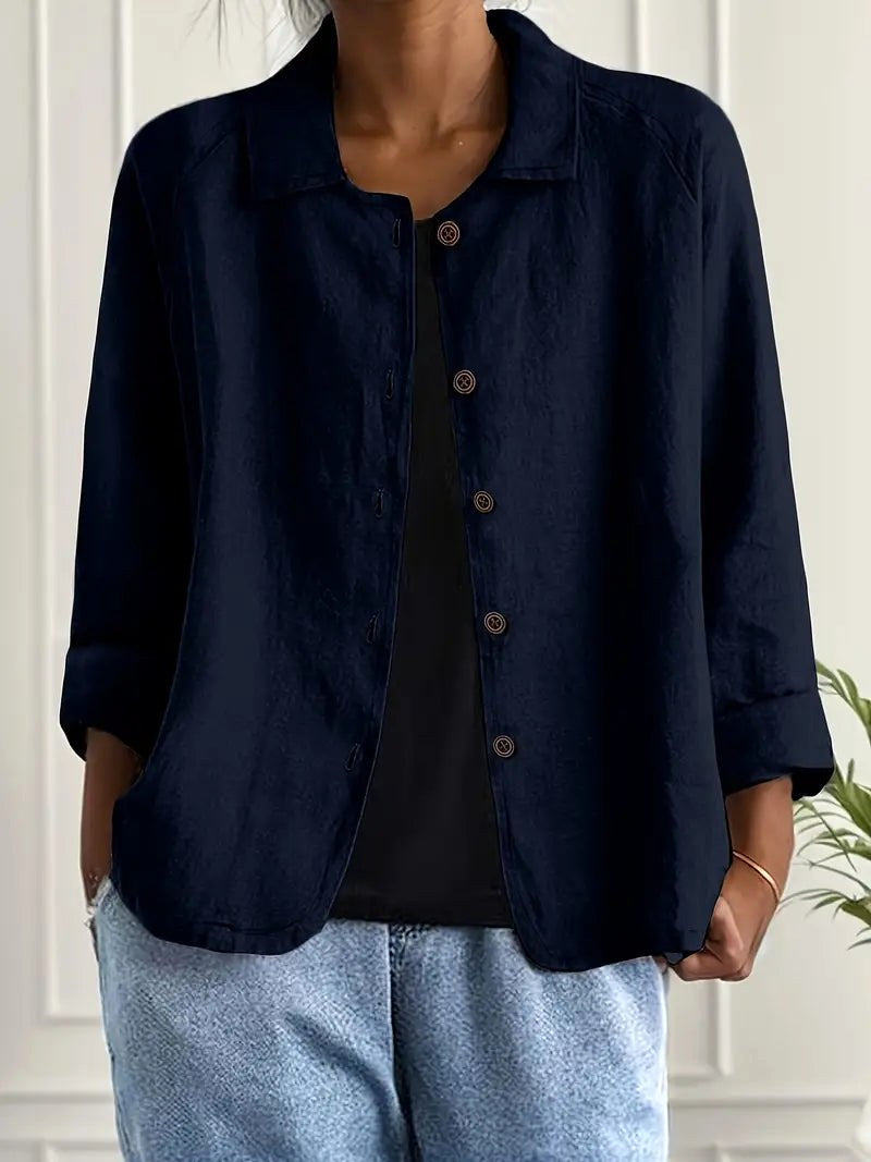 Carmel – Navy Blue Navy Blue Relaxed Textured Button-Front Blouse