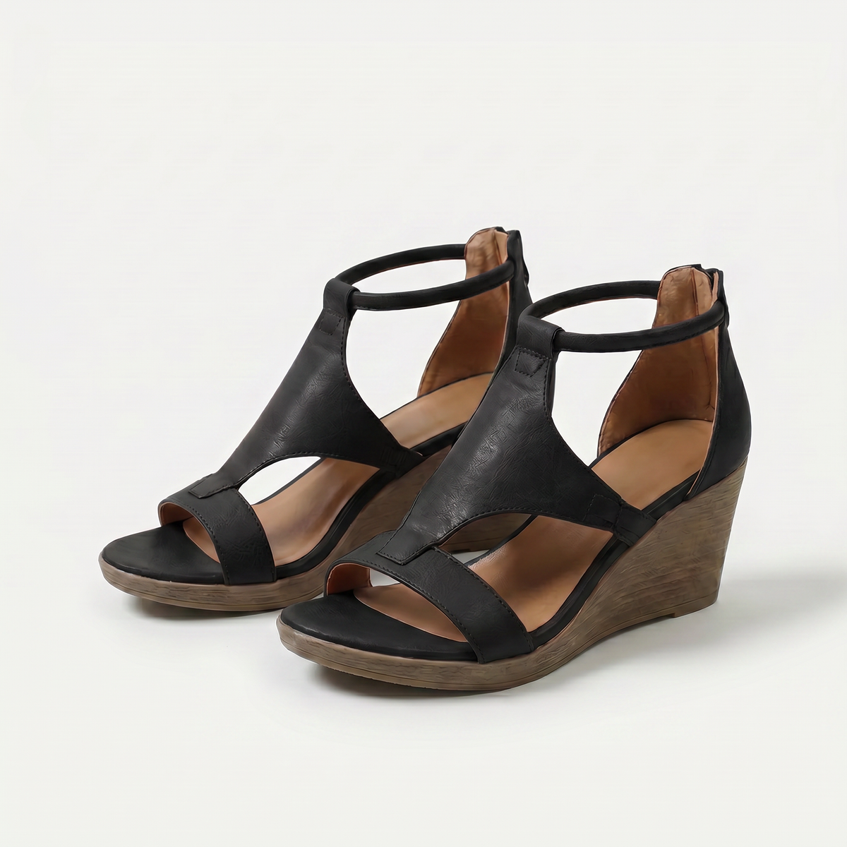 Robyn – Black Orthopaedic Peep-Toe Wedge Sandals