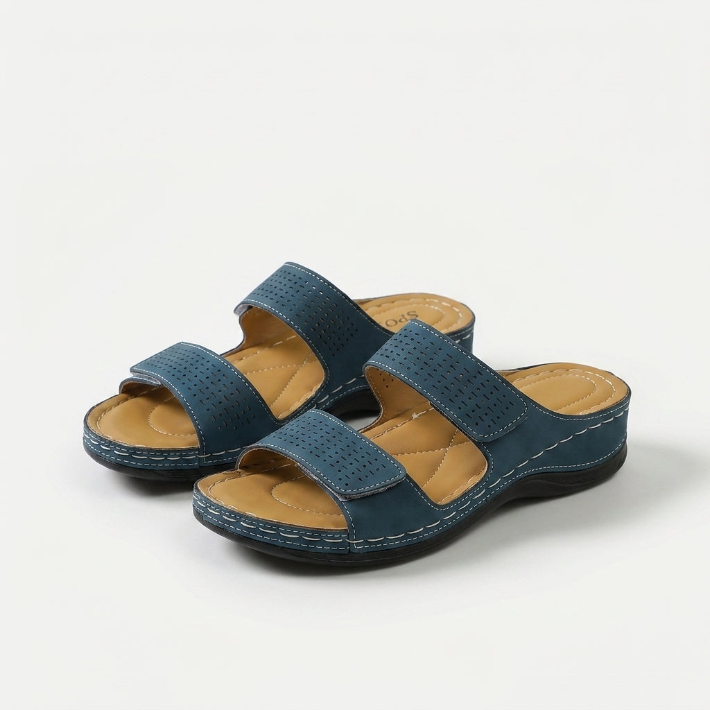 Gretchen – Blue Orthopaedic Two-Strap Wedge Slides