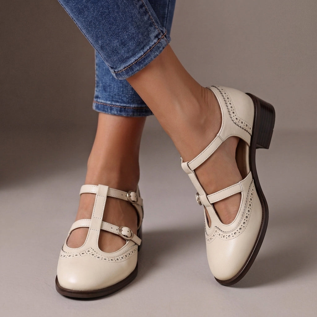 Queenie Leather T-Strap Brogue Mary Janes – White