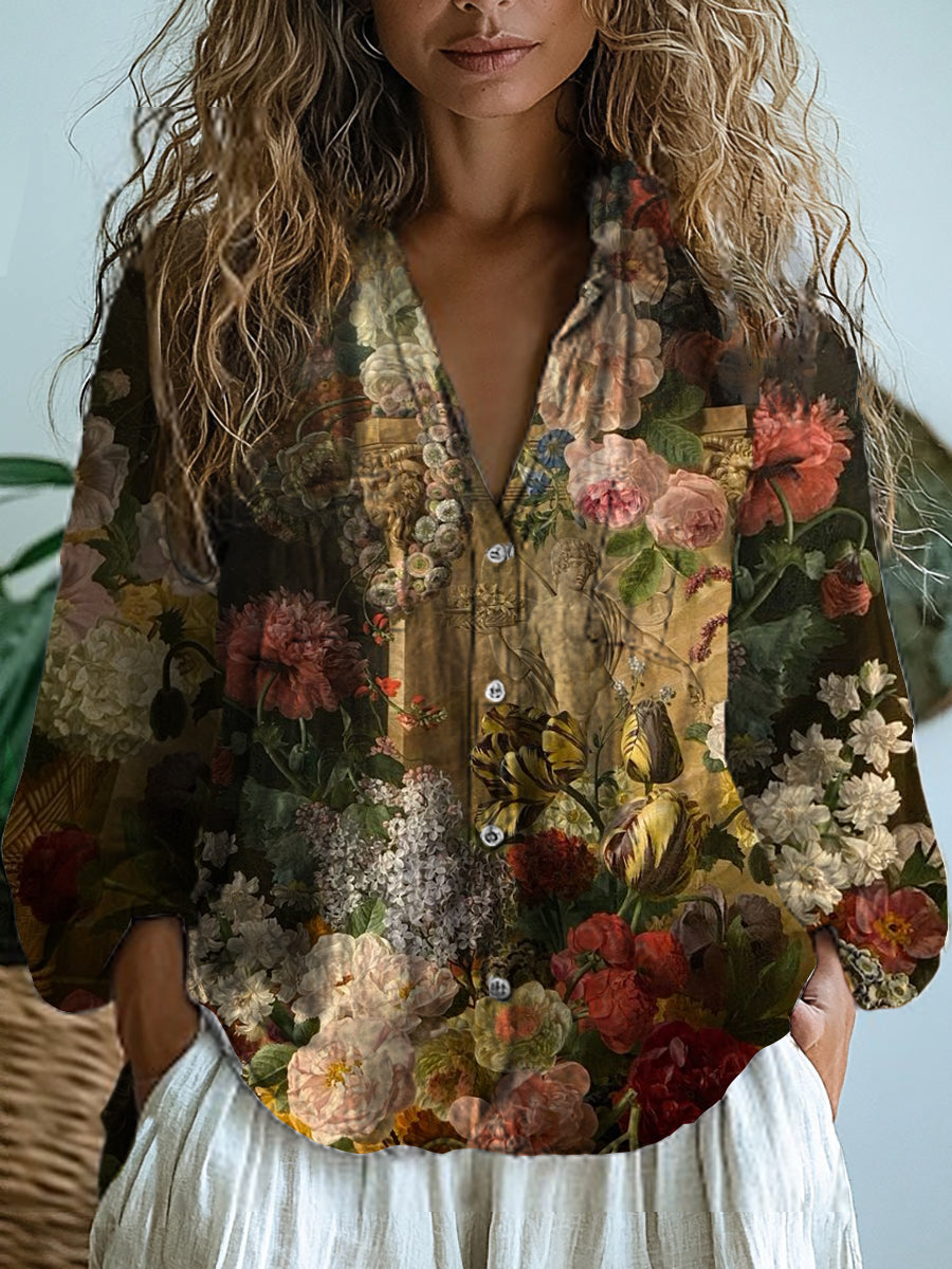 Celandine – Vintage Floral Vintage Floral Still-Life Print V-Neck Blouse