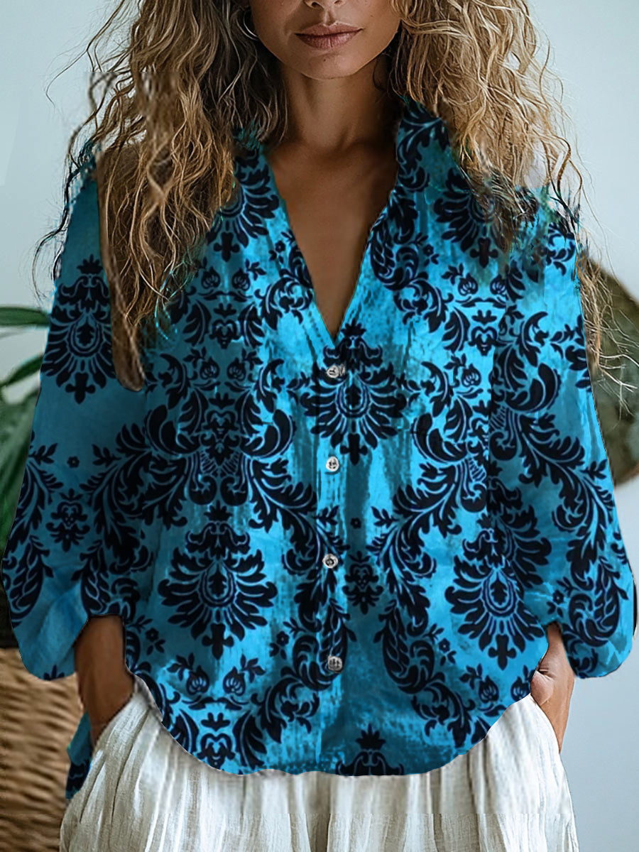Annika – Turquoise Damask Turquoise Damask Print V-Neck Blouse