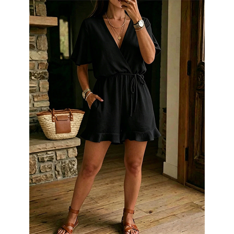 Carmela – Black Women's V-Neck Ruffle Hem Playsuit