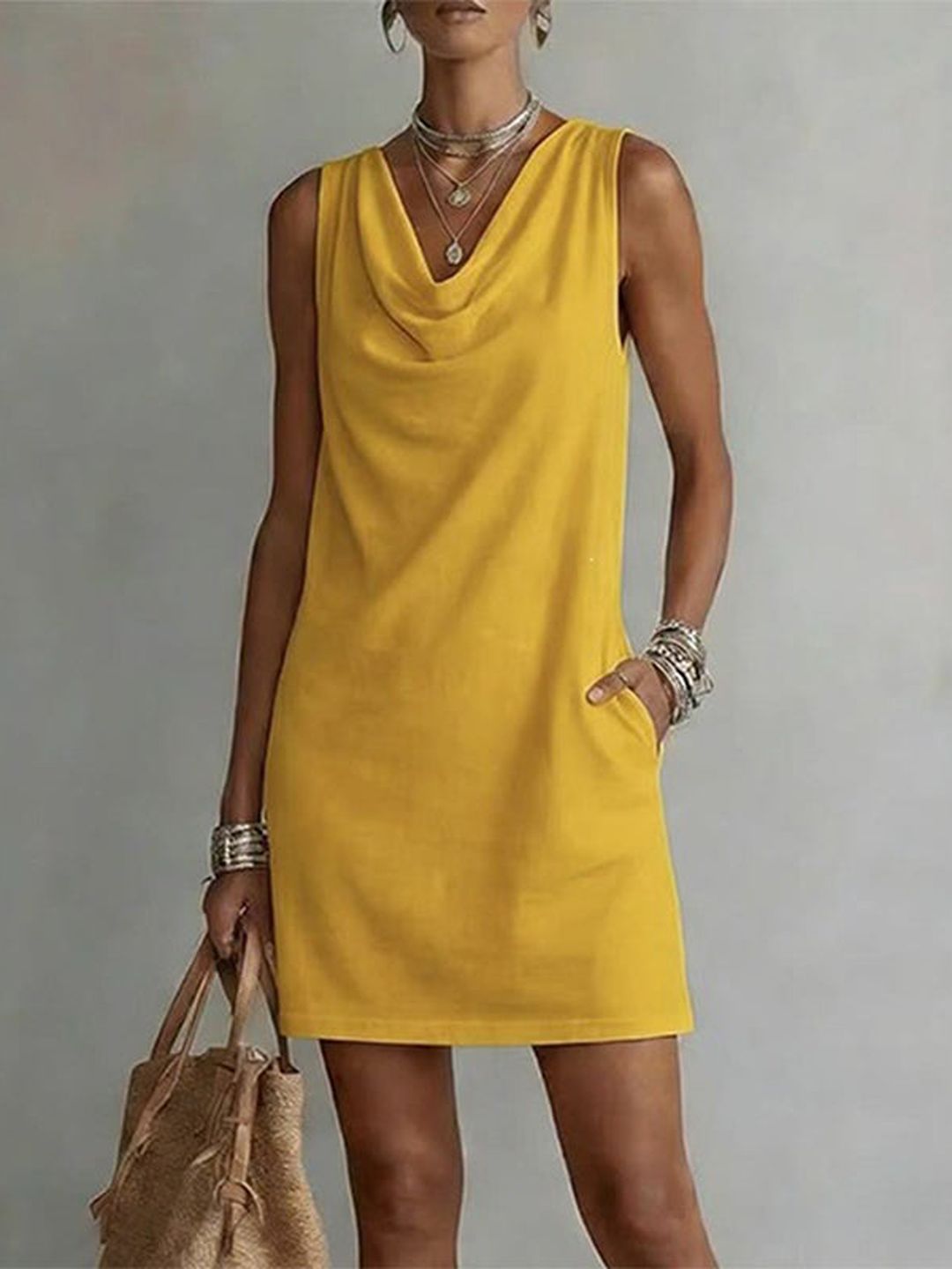 Mariella – Yellow Women's Sleeveless Cowl Neck Shift Dress