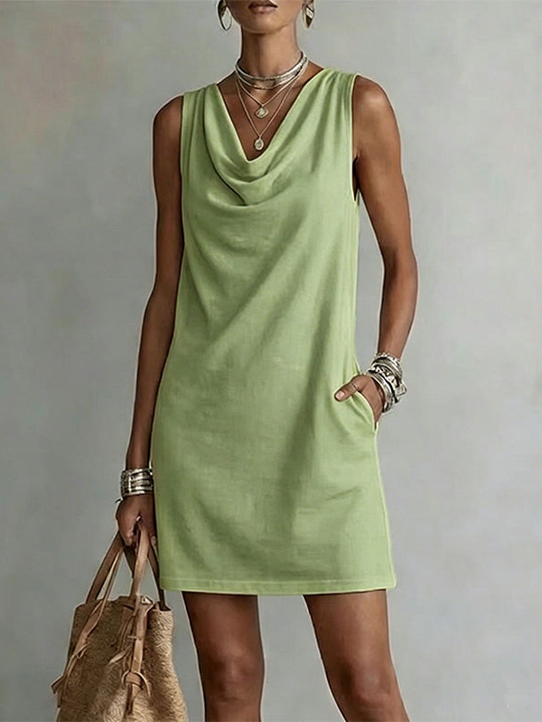Mariella – Matcha Green Women's Sleeveless Cowl Neck Shift Dress
