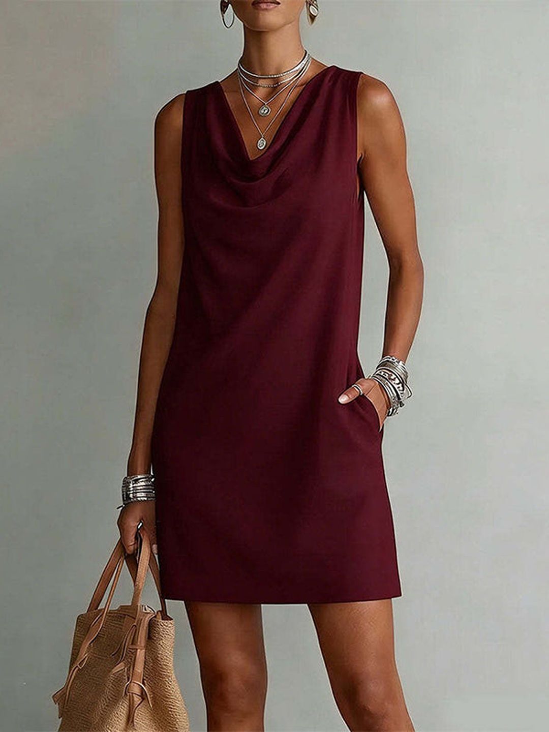 Mariella – Red Women's Sleeveless Cowl Neck Shift Dress