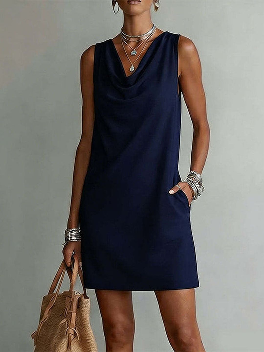 Mariella – Navy Blue Women's Sleeveless Cowl Neck Shift Dress