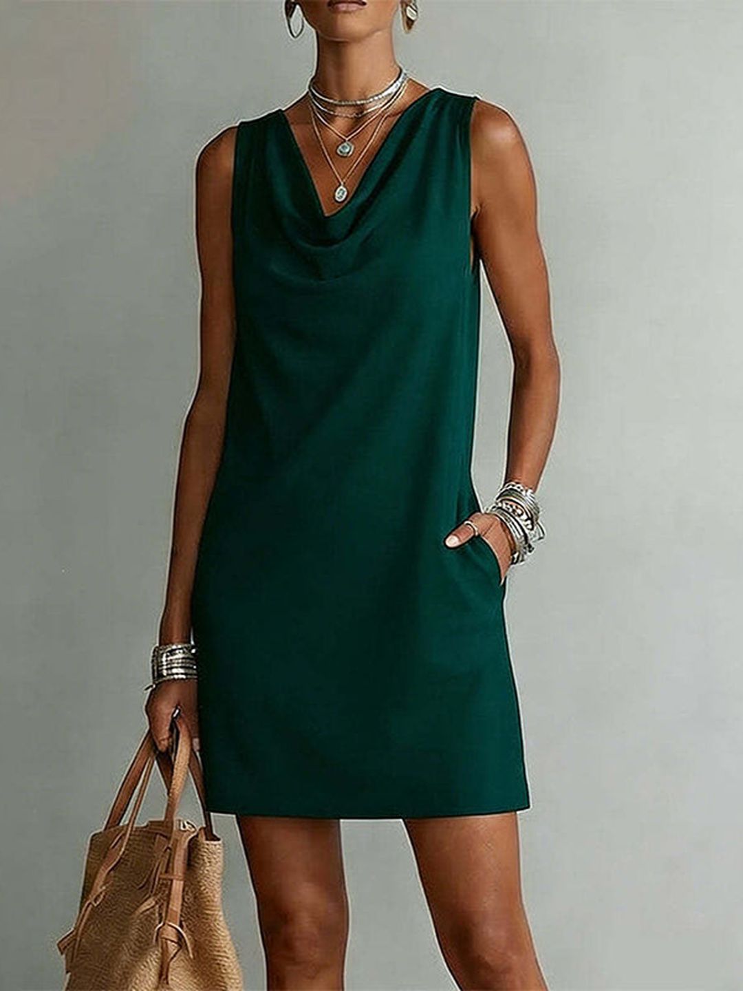Mariella – Green Women's Sleeveless Cowl Neck Shift Dress