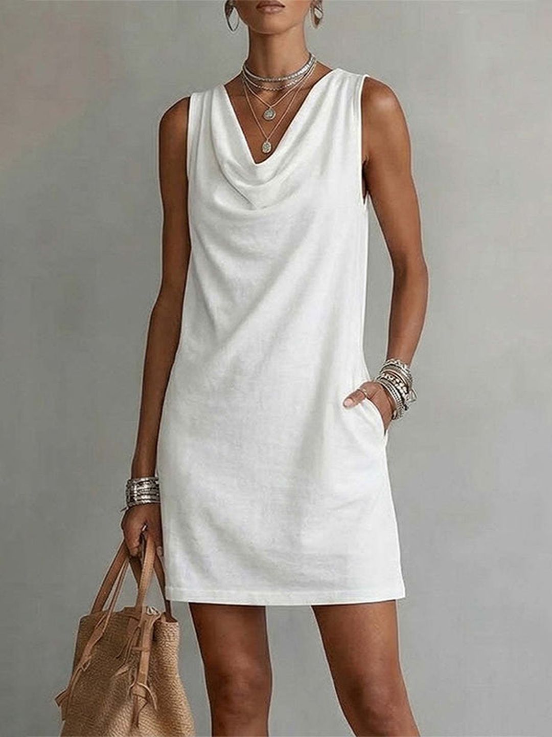 Mariella – White Women's Sleeveless Cowl Neck Shift Dress