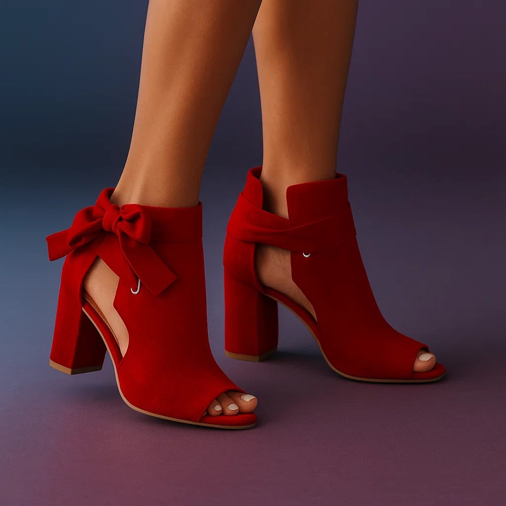 Katherine women's suede bow peep-toe block-heel booties