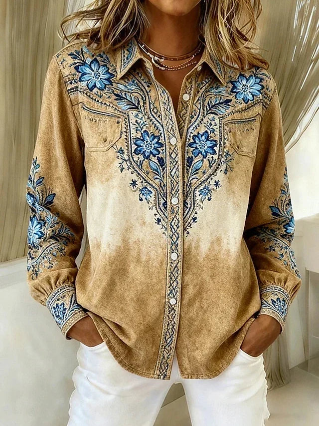 Shirley Womens Vintage Western Floral Button Shirt in Blue