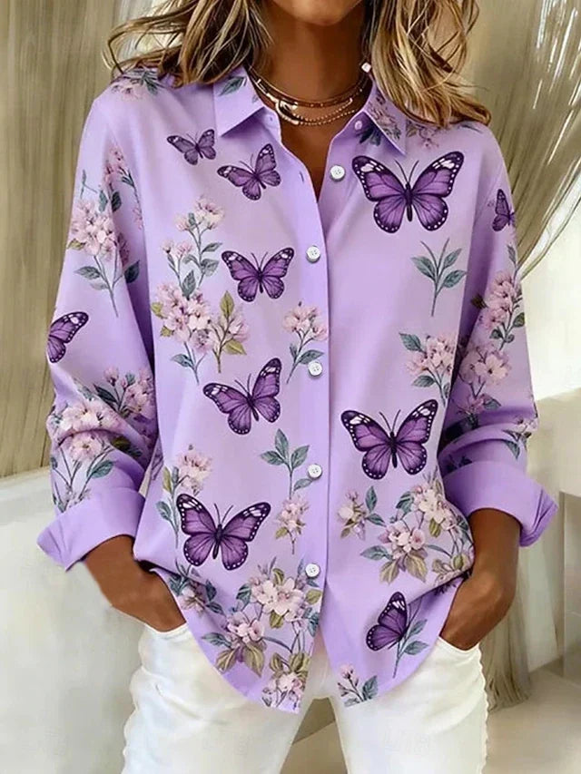 Dahlia Womens Butterfly Print Button Shirt in Purple
