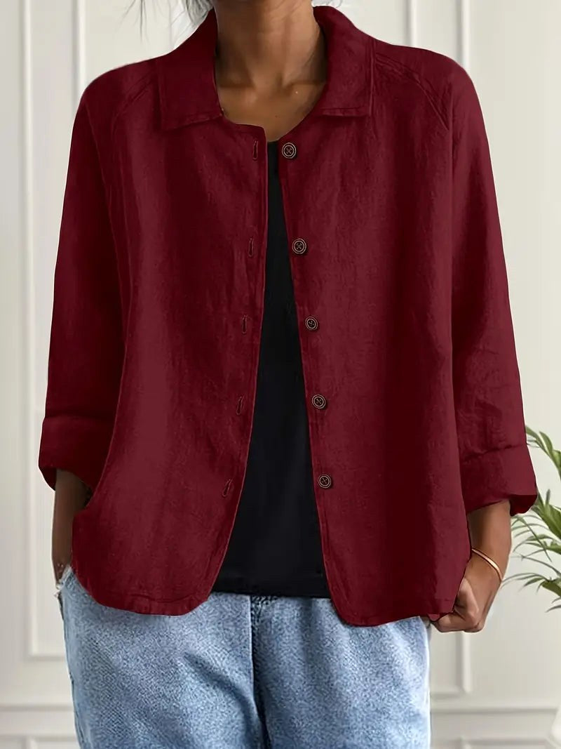Brigitte – Wine Red Wine Red Relaxed Textured Button-Front Blouse