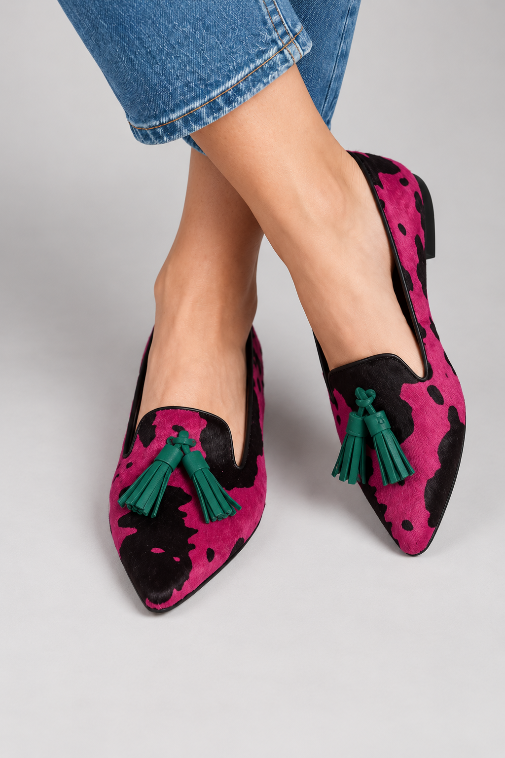 Ginevra Moccasin — Fuchsia Cow, Green Tassels