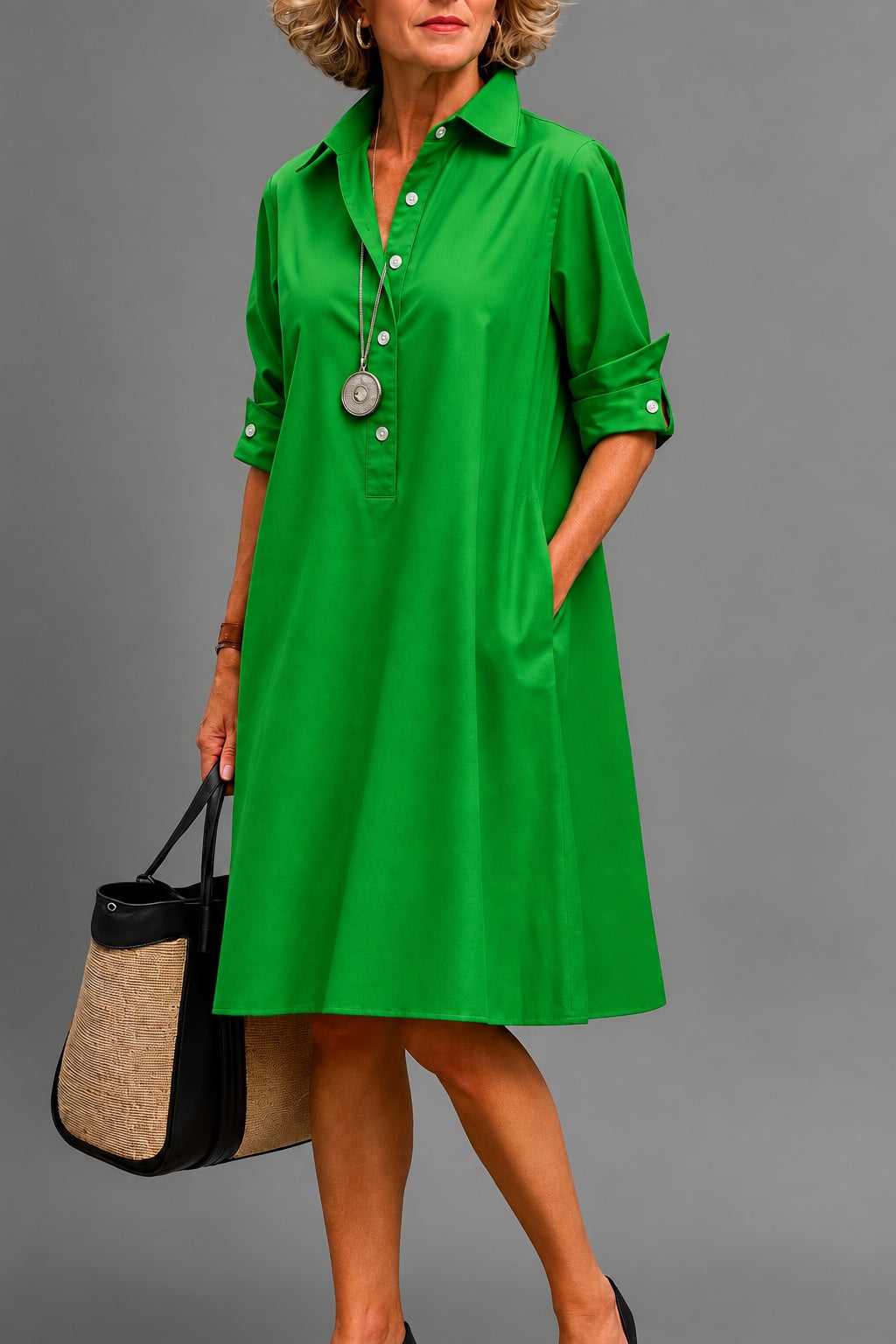 Aileen – Emerald Green Midi Shirt Dress