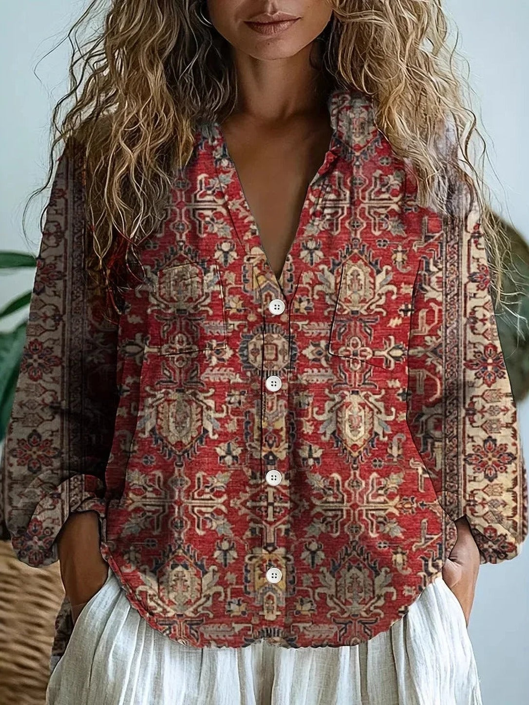 Cressida – Brick Red Boho Floral Print Button-Down Blouse