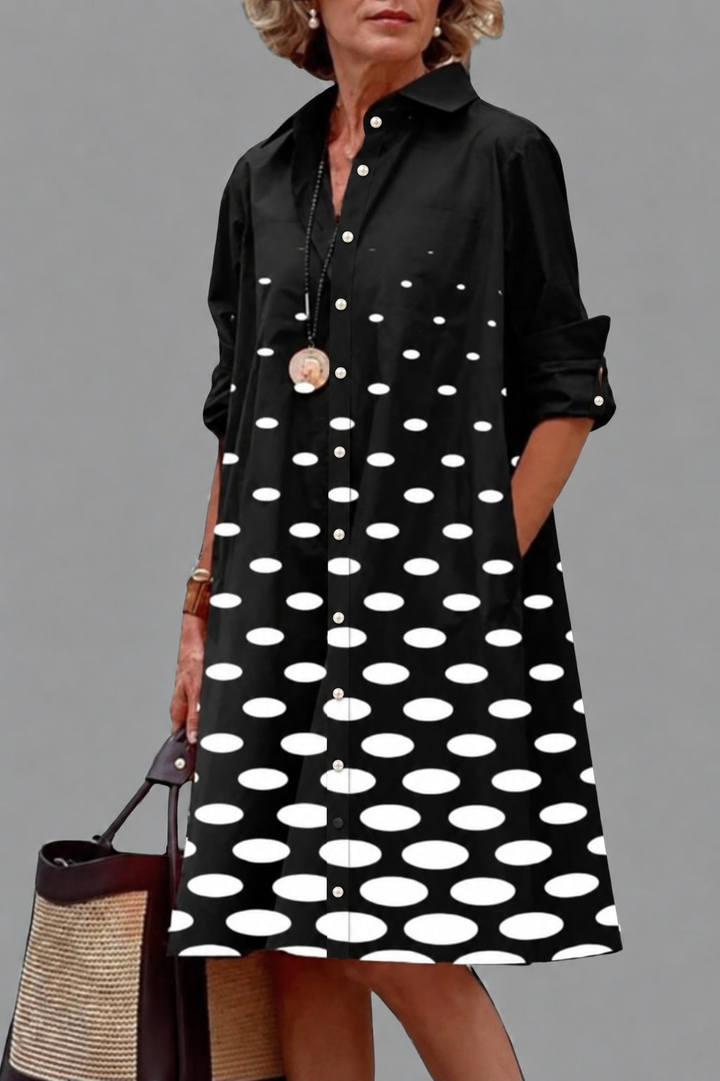 Agnes – Black Graduated Spot Midi Shirt Dress