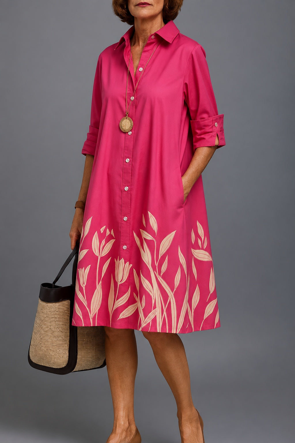 Alana – Deep Pink Leaf Border Print Midi Shirt Dress