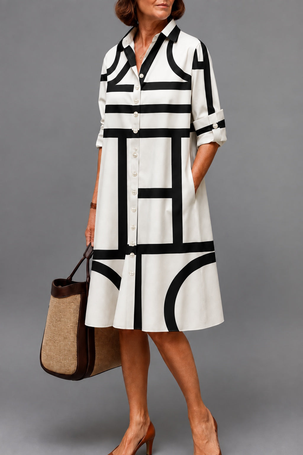 Alexandra – Black & White Monochrome Geometric Midi Shirt Dress
