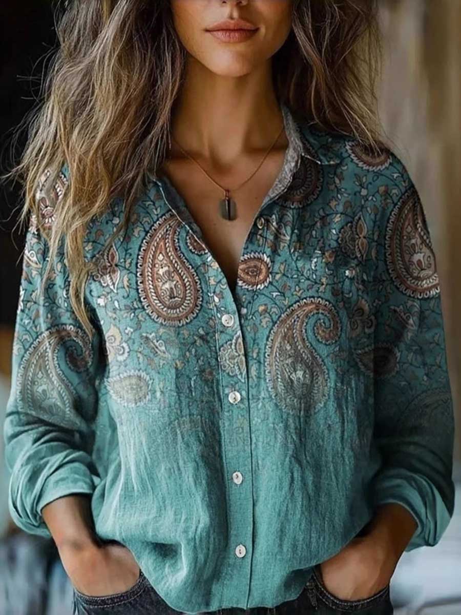 Alethea – Blue Paisley Artistic Print Lapel Button-Down Shirt