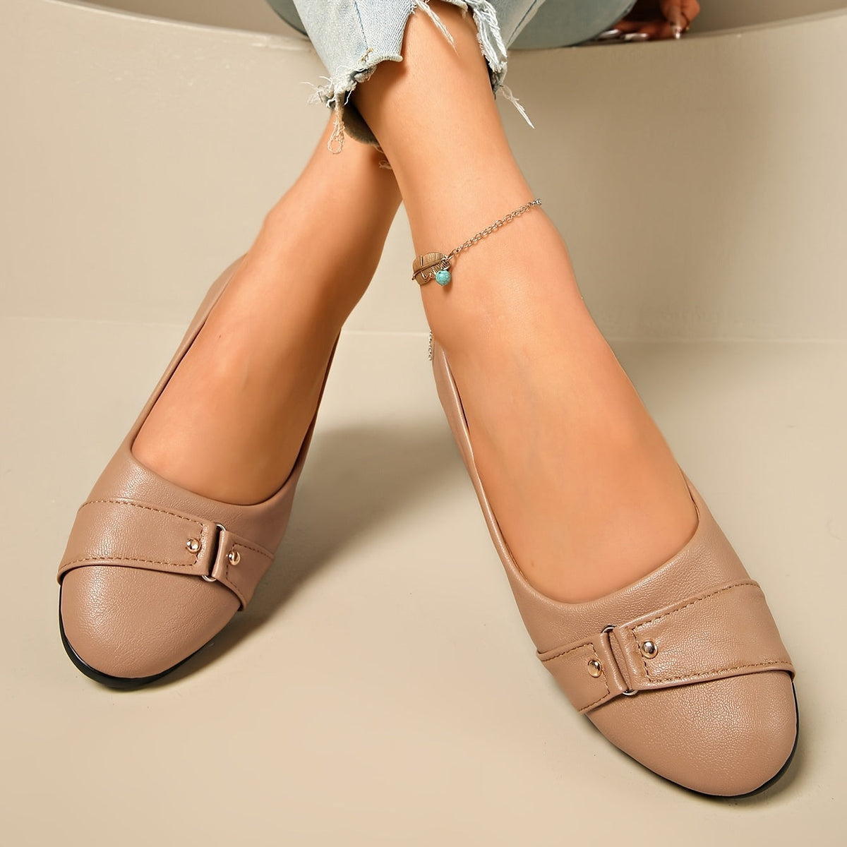 Avis Buckle Detail Wedge Loafers - Beige