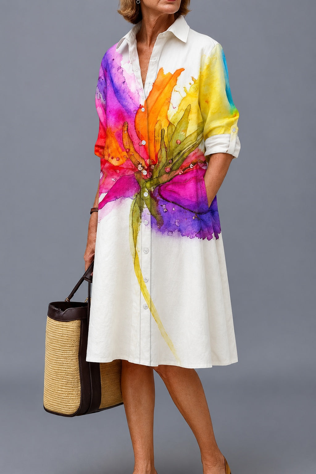 Angelina – White Watercolour Floral Midi Shirt Dress