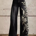 Nathalie | Women's Black Floral Accent Wide-Leg Trousers