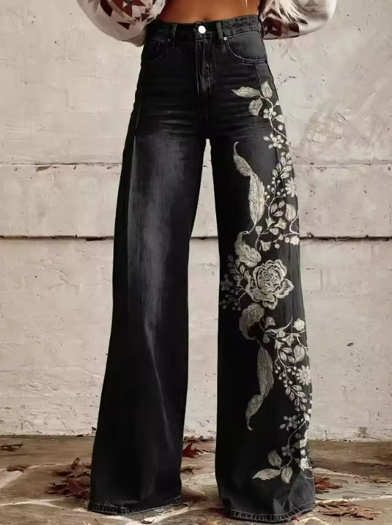 Nathalie – Women's Black Floral Accent Wide-Leg Trousers