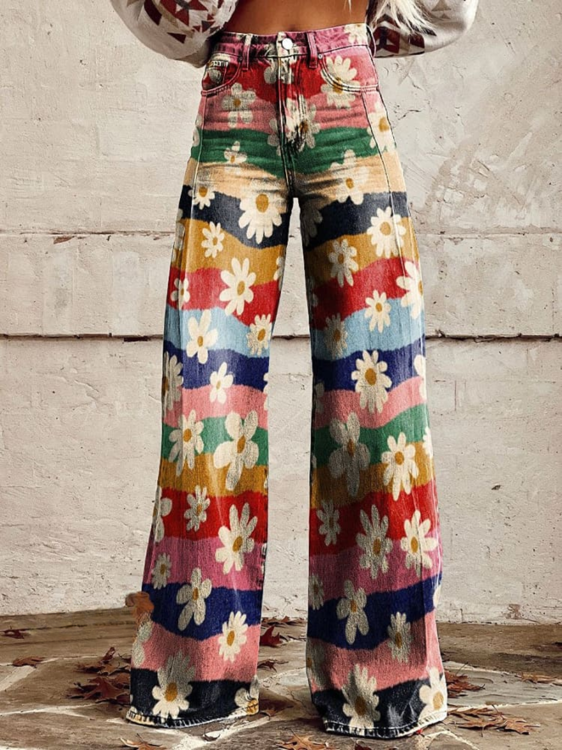 Heloise – Women's Retro Floral Stripe Wide-Leg Trousers