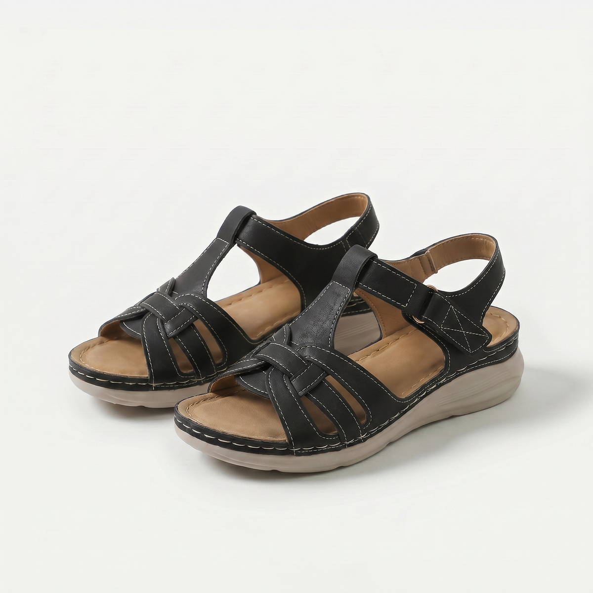 Elinor – Black Orthopaedic T-Bar Wedge Sandals