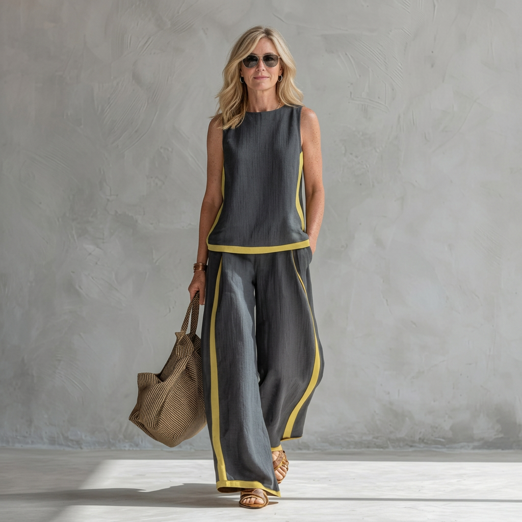 Vrouw draagt Wattle & Vale Melbourne Leslie Chic linnen set in grijs met gele accenten en een bijpassende tas.
