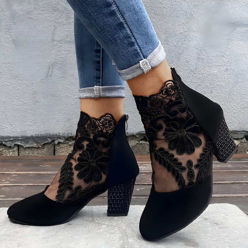 Wynne women's lace mesh block-heel ankle boots