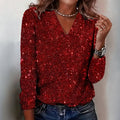 Merryn | Women's Red Sparkle Print V-Neck Long-Sleeve Top