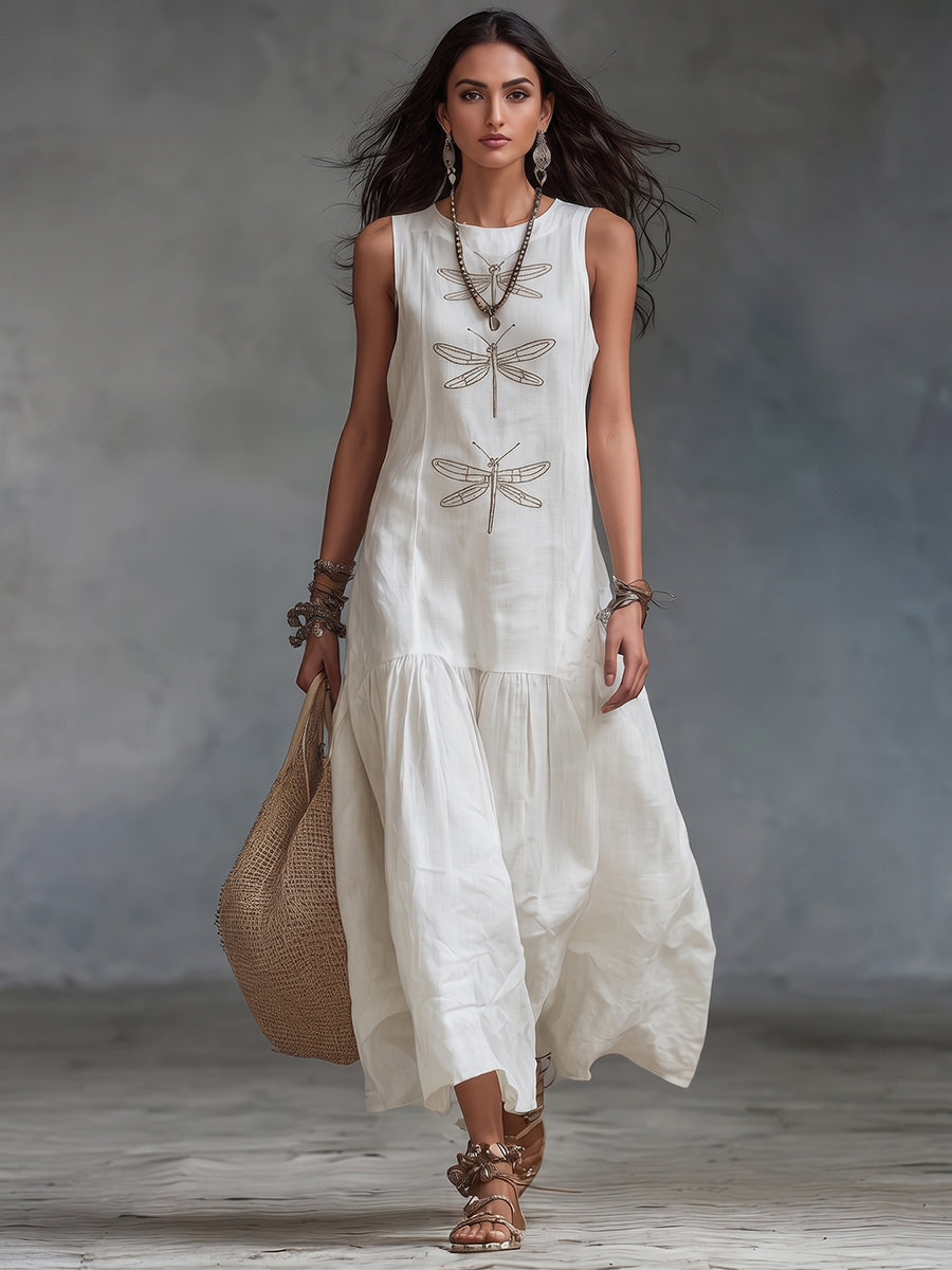 Nireliah™ | Dragonfly Print Cotton-Linen Maxi Dress