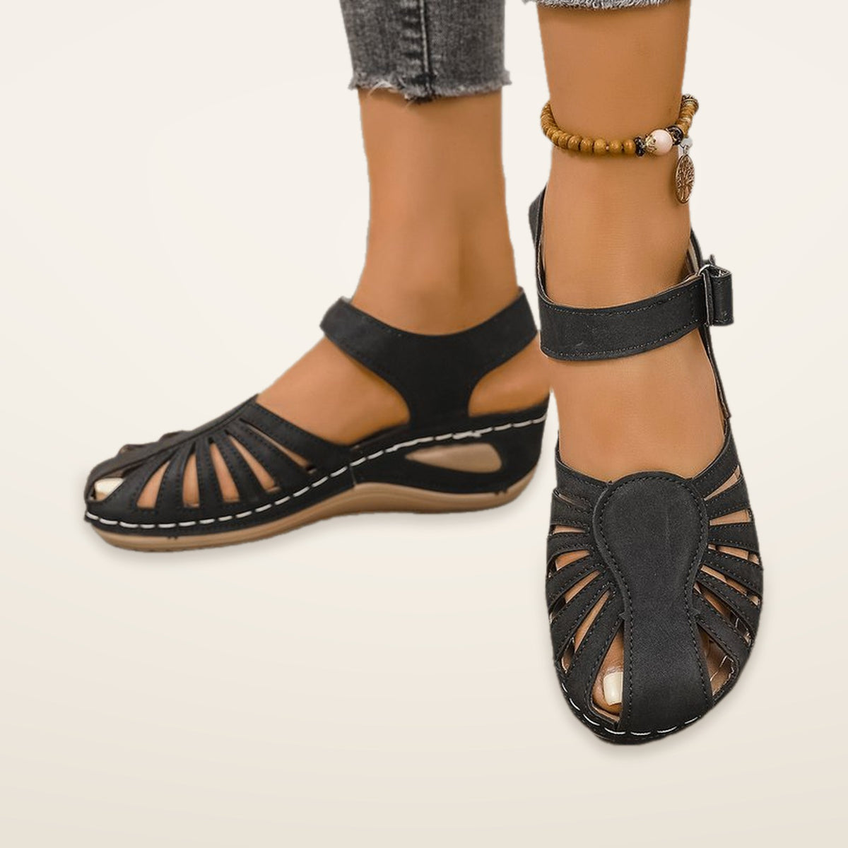Kerrie – Black Orthopaedic Closed-Toe Ankle-Strap Wedge Sandals