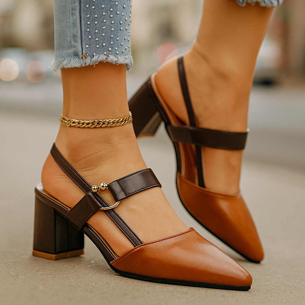 Suzette women's slingback block heels with gold ring