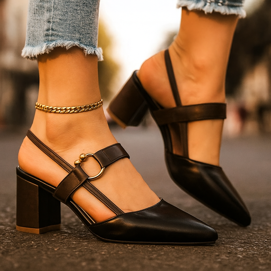 Suzette women's slingback block heels with gold ring