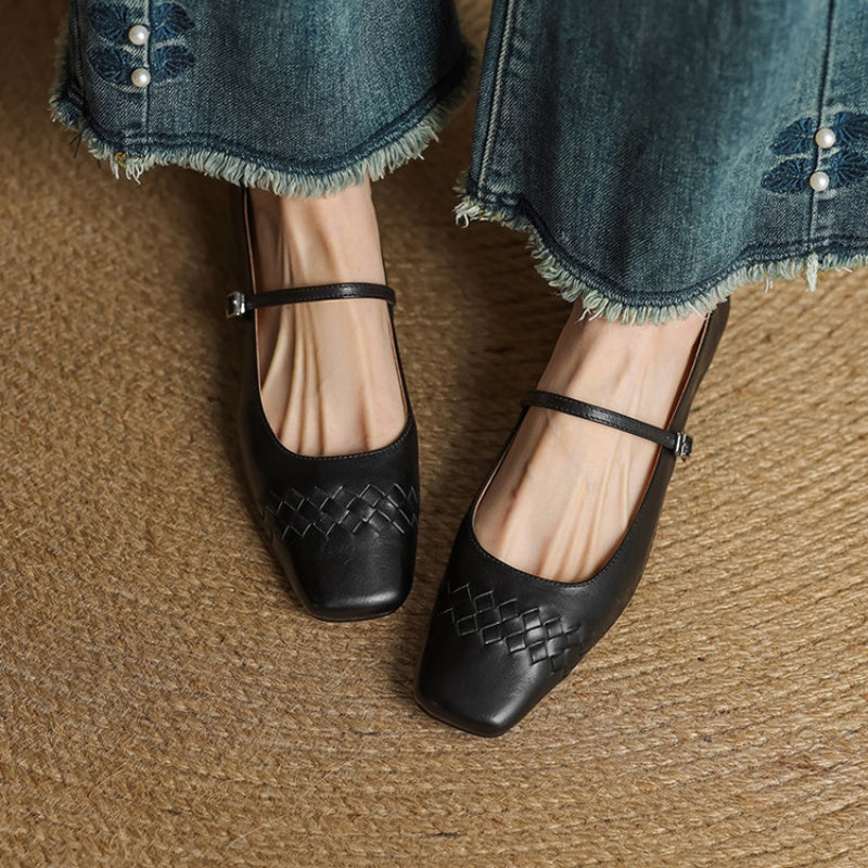 Cleo Woven Square-Toe Mary Jane Flats