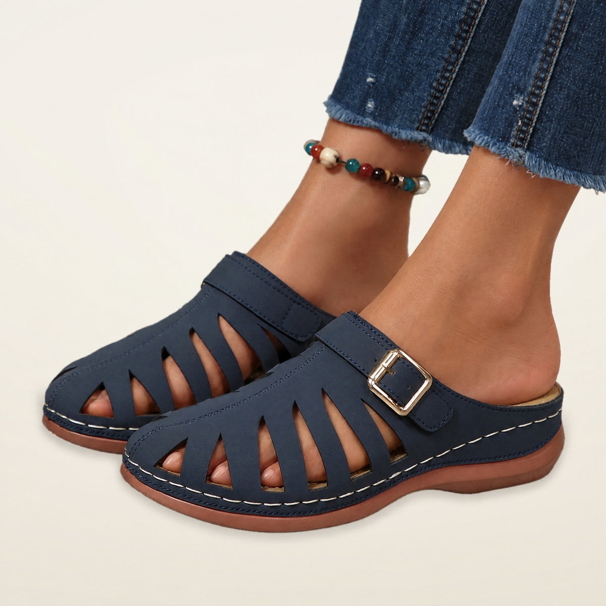 Francine – Navy Blue Women's Orthopaedic Closed-Toe Cut-Out Wedge Mules