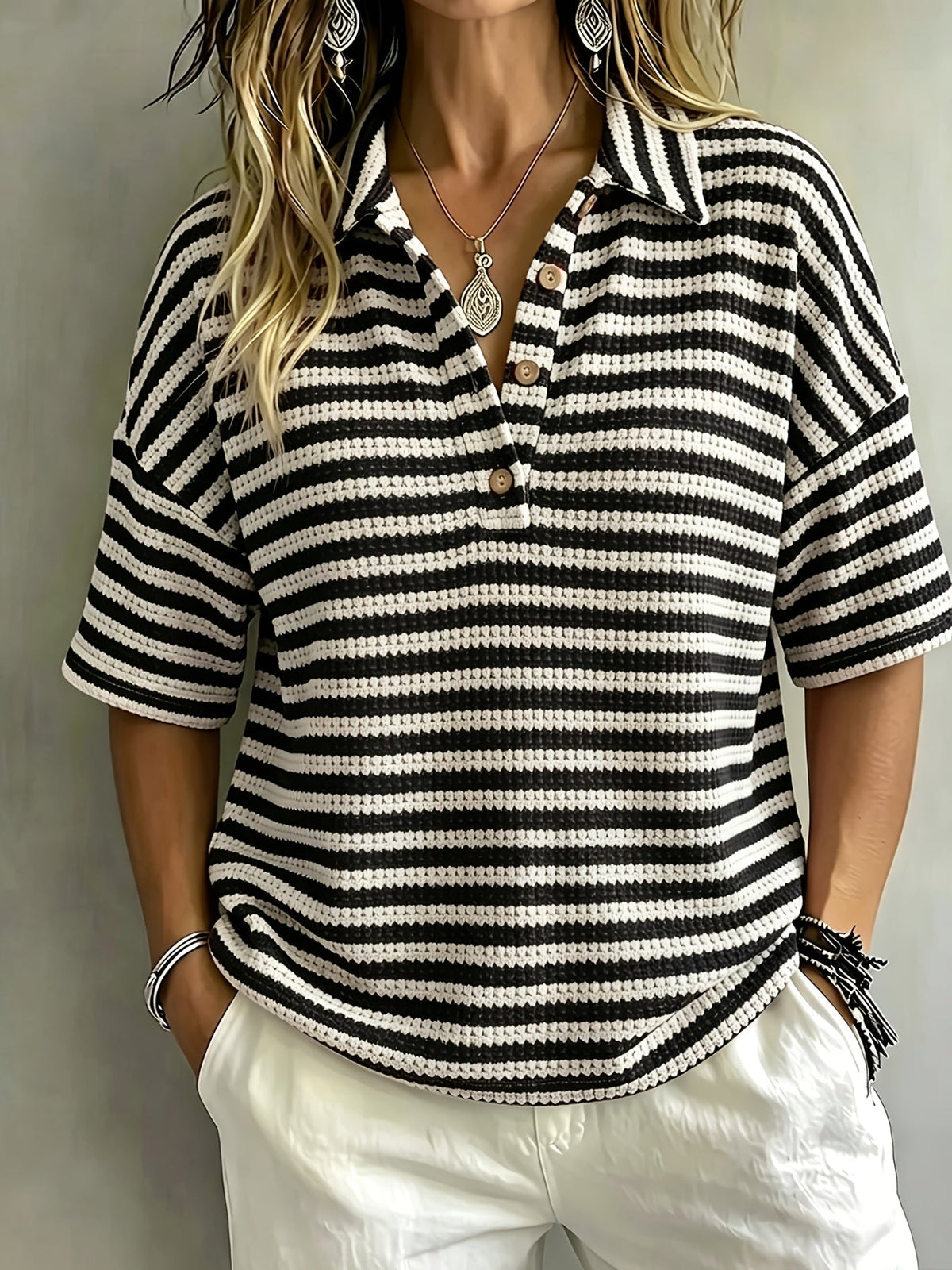 Lynette Women's Striped Waffle-Knit Polo Top in Black
