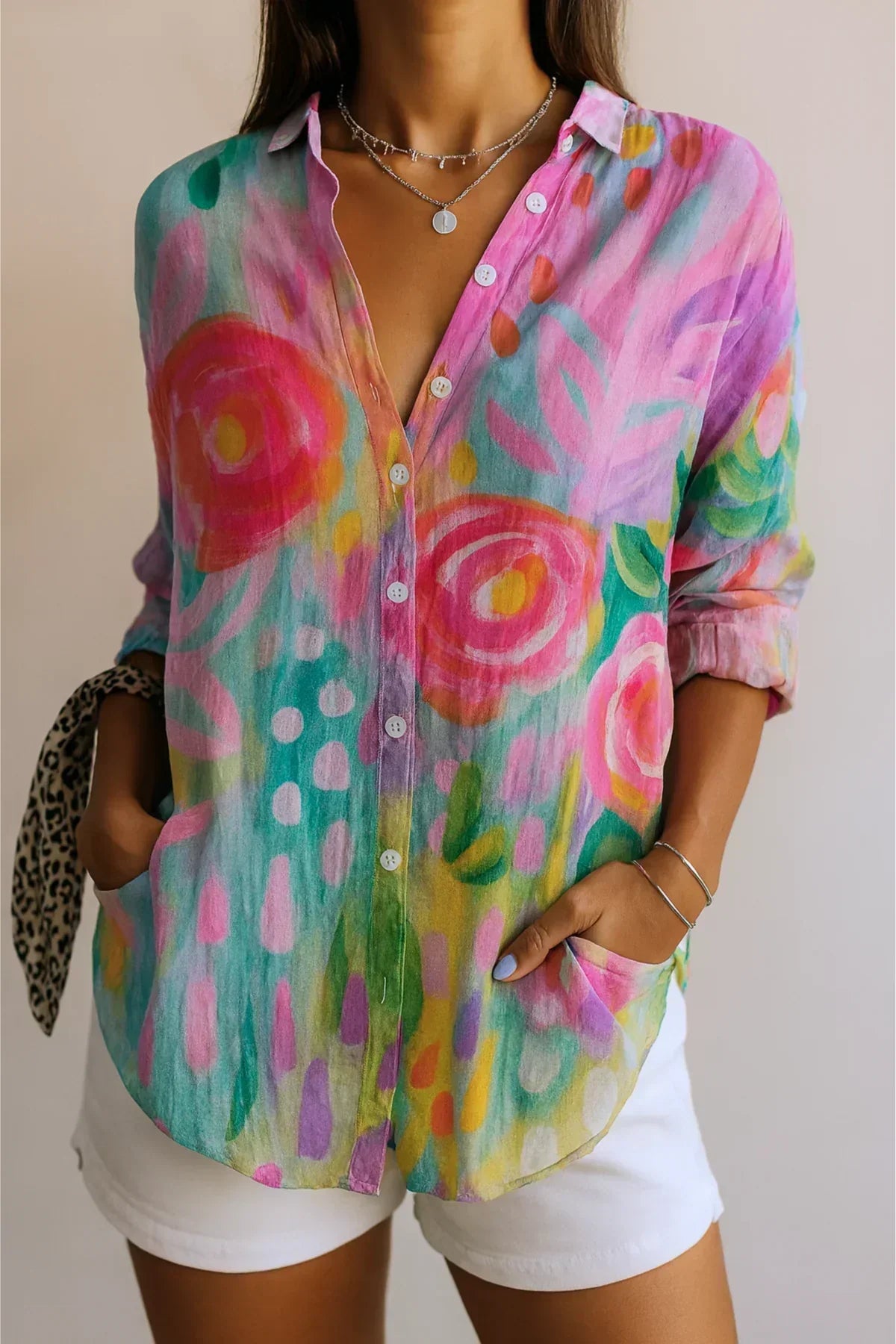 Kirra painterly floral button-down shirt in Pink