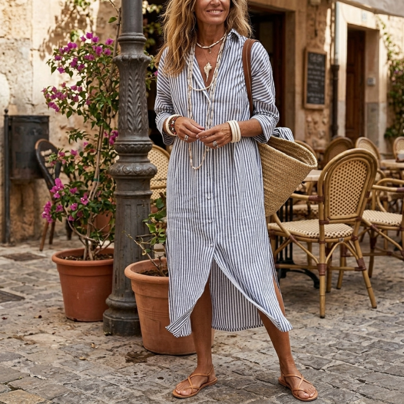 Ilaria – Light Grey Women's Striped Button-Front Shirt Dress