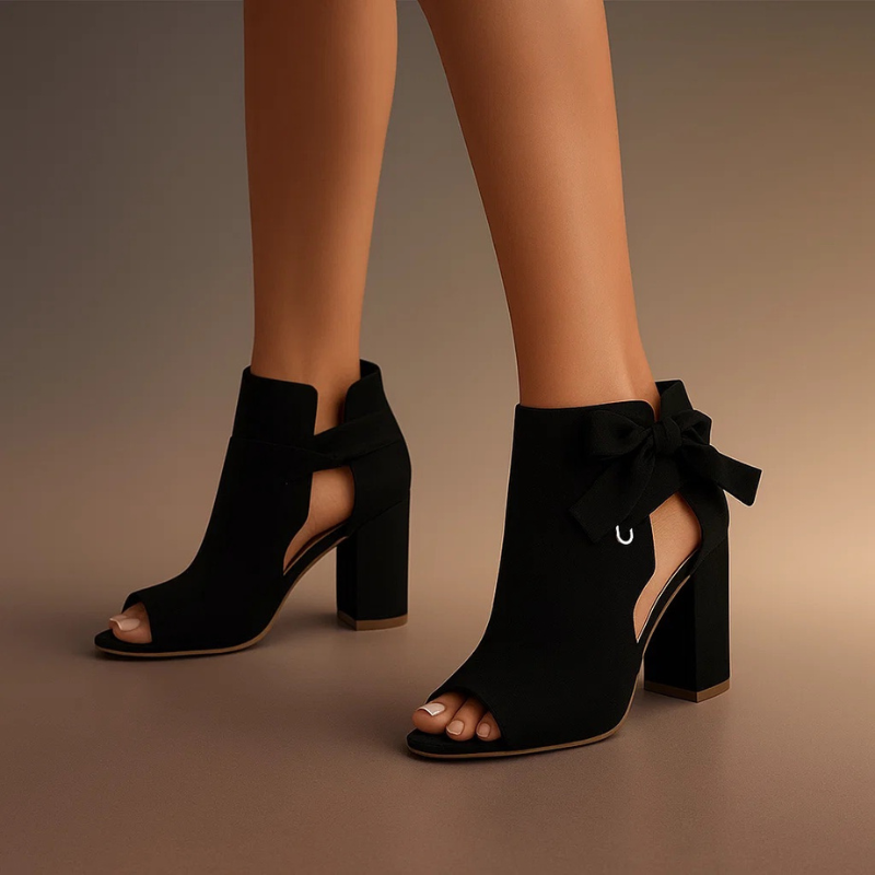 Katherine women's suede bow peep-toe block-heel booties