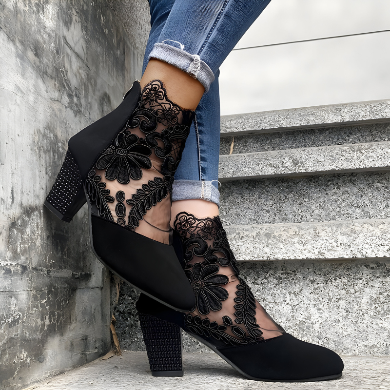 Wynne women's lace mesh block-heel ankle boots