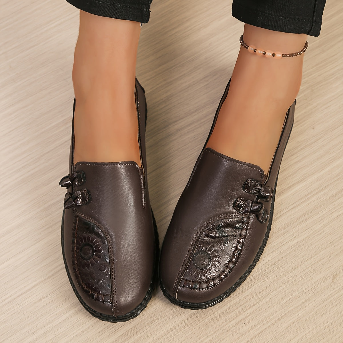 Rhoda Floral Detail Comfort Loafers - Dark Brown
